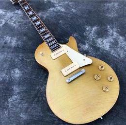 Aged Relic double Goldtop top Electric Guitar, Two P90 Pickups, Handmade Old Relic Guitarra, Silver/Chrome Hardware, one piece neck ,free shipping