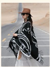 Scarves Poncho Womens Travel Windproof Fringe Cape Simple Black and White Colorblock Split Shawl Pashimina Scarf 231007