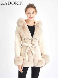 Women's Fur Faux Fur ZADORIN Winter Coat Women 2023 Furry Hood Suede Black Faux Fur Coat With Belt Thick Warm Fur Cardigan Faux Fur Jackets for WomenL231007