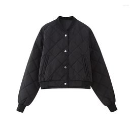 Women's Jackets YENKYE Vintage Black Quilted Cropped Bomber Jacket For Women 2023 Long Sleeve Short Outerwear Female Single Breasted Autumn