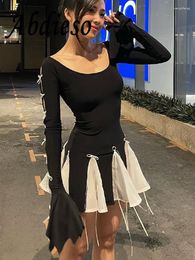 Casual Dresses Abdieso Y2K Pleated Long Sleeve Black Mini Bodycon Dress Women Streetwear 203 Autumn Bow Lace Up Sexy Short Party