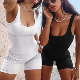 Active Sets VITALINOVO Women Yoga Rompers Ribbed Workout Square Neck Sleeveless Tank Tops One Piece Seamless Tummy Control Short JumpsuitL231007