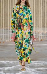 2023 Autumn New European and American Dress Digital Print Gradient Round Neck Waist Waist Fish Tail Long Sleeve Dress