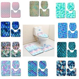Fish Scale Printed Bath Mats 3pcs/set Anti-slip Bathroom Floor Mats Toilet Cover Rug Bathroom Carpets Mat