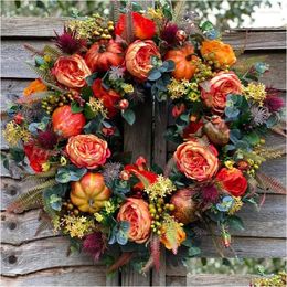 Decorative Flowers Wreaths Thanksgiving Wreath Harvest Halloween Decoration Autumn Pumpkin Vine Door Hanging Drop Delivery Home Garden Dh1Cl