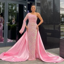 Elegant One Shoulder Evening Dresses Sequined Straight Womens Pageant Dress with Detachable Train Celebrity Gown