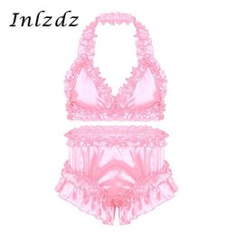Mens Sissy Crossdresser Lingerie Suit Satin Frilly Ruffled Lingerie Set Bra Tops with Knickers Bloomers Briefs Gay Underwear Set288e