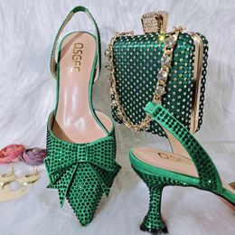 Dress Shoes QSGFC Green Colour Crystal Decoration Style Wine Glass Heel Friends Party Nigerian Fashion Ladies Shoe And Bag For Wedding 231006