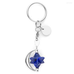 Keychains FYJS Unique Jewellery Silver Plated Circle Lobster Clasp Merkaba Star Point Lapis Lazuli Key Chain