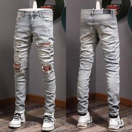 Patch Stretch Jeans Man Cotton Cowboy Pants Rip Effect Slim Fit Leg Damage Denim245I