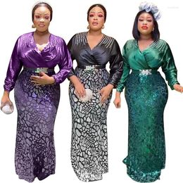 Ethnic Clothing African Long Maxi Dresses For Women Sexy V Neck Full Sleeve Beading Sheath Bodycon Dress Female Wedding Party Gowns