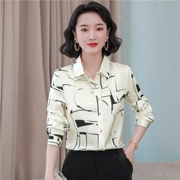 2023 Fashion Printed Beige Blouses Office Ladies Lapel Classic Button Up Shirts Long Sleeve 2023 Women Designer Autumn Winter Silk Satin Graphic Shirt Runway Tops