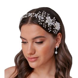 Flower Headwear Wedding Headband for Bride Crystal Pearls Women Tiara Bridal Headpieces Hair Jewellery Accessories