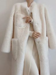 Women's Wool Blends Autumn Winter Long Stand Collar Faux Fur Coat for Women Thickened Plush Fur Coat Women Medium Length Jackets Faux Fur Coat 231007