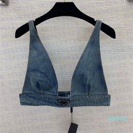 Womens Designers T Shirts Underwear With Metal Triangle Badge Sexy Deep V Denim Sling Tube Tops Women Clothing3280