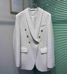 Women's Jackets 2023 Autumn Winter Designer Women Golden Buttons Shawl Collar Tweed Coats White Black