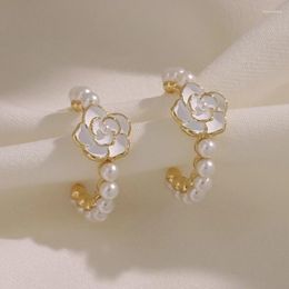 Stud Earrings FEEHOW Camellia Imitation Pearl For Women Sweet Romantic White Earring Wedding Party Jewelry