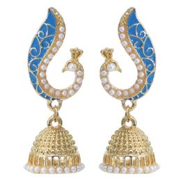 Indian Jhumka Earrings for Women Gold Peacock Shaped with Imitation Pearl Bells Tassel Earring Party Jewellery Gift207x