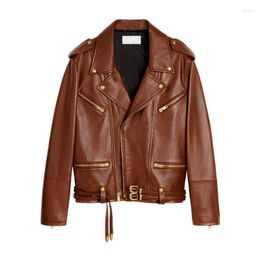 Women's Leather Jacket Female Autumn And Winter Sheepskin Metal Buckle Zipper Motorcycle Double Belt Long Sleeve Street