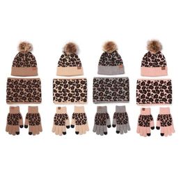 3Pcs Women Winter Pompom Beanie Hat Scarf Touch Screen Gloves Set Warm Knit Leopard Print Skull Cap Plush Lined Warmer2799