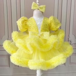 New Yellow Princess Flower Girl Dress Pleat Wedding Dresses Costumes First Communion Shiny Vl Neck Toddler Birthday Party Gowns Girls Pageant Wears 403