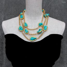 Pendants YYGEM Office Style 3 Rows Blue Turquoise Freeform Shape Gold Plated Link Chain Necklace