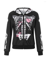 Women's Hoodies Halloween Casual Hooded Coat Black Long Sleeve Skeleton Print Zip Up Hoodie