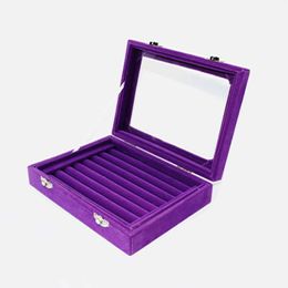 Jewellery Pouches SZanbana Purple 7Slots Velvet Ring Display Box Earring Organiser Tray Cufflink Storage & Show Case With Clear Glass Lid