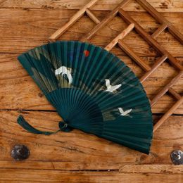 Party Favor 22Cm Chinese Style Retro Green White Crane Folding Fan Daily Portable Dance Cheongsam Perform Props Gift Mj1279 Drop Del Dhivb