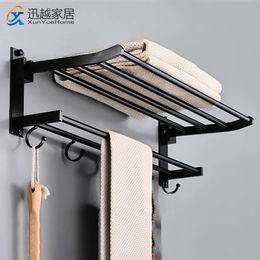 Towel Racks Towel Holder Wall Mounted Black Aluminum Surface Shower Bars Hanger Adjustable Fold Clothes Rack with Hooks Bathroom Accessories 231007