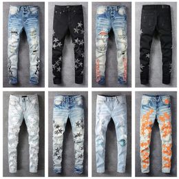 Mens Jeans Cool Style Luxury Fashion Embroidered Patches Denim Pant Distressed Ripped Biker Black Blue men slim pencil Jean Slim F279K