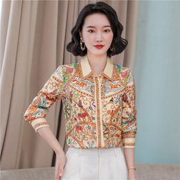 Paisley Floral Beige Shirts Long Sleeve Women Designer Vintage Silk Satin Blouses 2023 Autumn Winter Lapel Classic Button Up Blouses 2023 Office Ladies Runway Tops