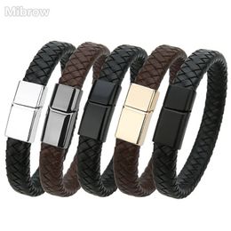 Charm Bracelets Mibrow Braided Black Leather Men Bracelet 10x5 12x6mm Size Fashion Metal Magnetic Clasp Wrap Punk Jewelry 231006