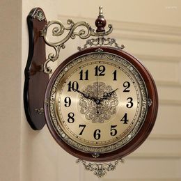 Wall Clocks European Art Watch Silent Retro Large Metal Wood Double Sided Living Room Home Decor Gift