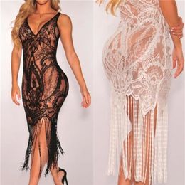 Summer Women Lace Flower Net Tassel Dress Hollow out Crochet Bikini Swimwear Cover Ups Beach Dress Sundress X0705266x