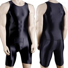 Men's Swimwear Men Thin Fitness Vest Tights Suit Slim Bottoms Satin Glossy Leggings Streetwear Athletic Shorts Quick-drying Compression