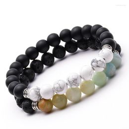 Strand 2pcs/set White Turquoise Black Lava Natural Stone Beaded Double Couples Distance Unisex Charms Energy Bracelet For Women Gift