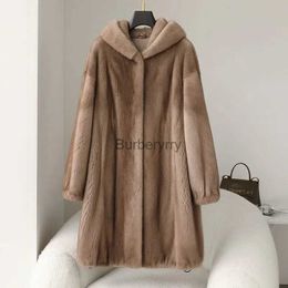 Women's Fur Faux Fur 2023 New Fashion Coat 100% Real Mink Whole Fur Women Long With Hood Winter Thick Warm Fe Natural Fur JacketL231007