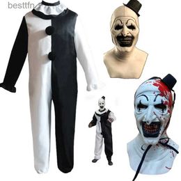 Theme Costume Adult Clown Cosplay Halloween Come with Mask Terrifier Clown Dress Black White Jumpsuit Outfits for Men Women Carnival PartyL231007