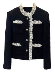 1008 2023 Autumn Brand Same Style Coat Black Long Sleeve Coat Crew Neck Button Fashion Luxury Womens Clothes changji
