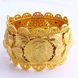 70mm Ethiopian Coin Fashion Big Wide Bangle CARVE 22K THAI BAHT SOLID Gold GF Dubai Copper Jewellery Eritrea Bracelet Accessories329Y