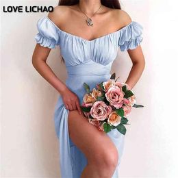 Summer Dress Blue Chiffon Elegant Fashion Butterfly Sleeve Maxi White Slash Neck Ladies es 210623302R