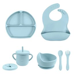 Cups Dishes Utensils 5PCS Silicone Dishes For Baby Feeding Set Sucker Bowl Plate Cup Bibs Spoon Fork Baby Items Safe Dining Plate Children Tableware 231007