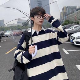 Men's T Shirts Spring And Autumn Polo Collar Long Sleeve T-shirt Men Korean Style Trendy Stripe Student Loose Versatile Sweatshirt