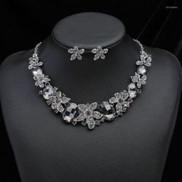 Necklace Earrings Set Luxury Wedding Party Bridal Glitter Crystal Flower Big Rhinestones Dress Accessories Gift African