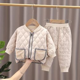 Clothing Sets Warm Coat Cute Infant born Baby Girls Solid Cotton padded Clothes Long Pants 2pc set Outfit Cotton Boys Tracksuit 231007