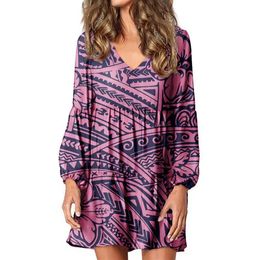 Casual Dresses HYCOOL Polynesian Hawaii Tribal Print Ladies Arrival 2021 Elegant Fashion Sexy V Neck Long Sleeve Clothing2550