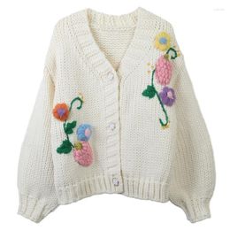 Women's Jackets Korean Fashion Knitted Cardigan 2023 Autumn Winter Knitwear Lady V-Neck Floral Embroidery Long Sleeve Casual White Cardigans