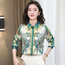 2023 Casual Printed Runway White Shirt Silk Satin Women Designer Autumn Winter Vintage Lapel Blouses Office Ladies Button Front Shirts Office Ladies Formal Tops