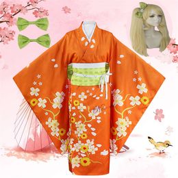 Anime Super Danganronpa 2 Goodbye Despair Hiyoko Saionji Kimono Cosplay Costume Wig Women Orange Kimono Dress Halloween Partycosplay